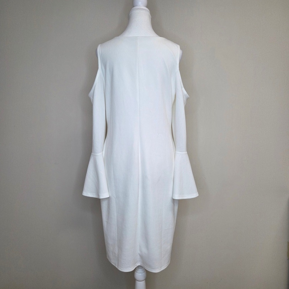 Venus White Cold Shoulder Bell Sleeve Button Detail Sheath Dress Large - Picture 5 of 8